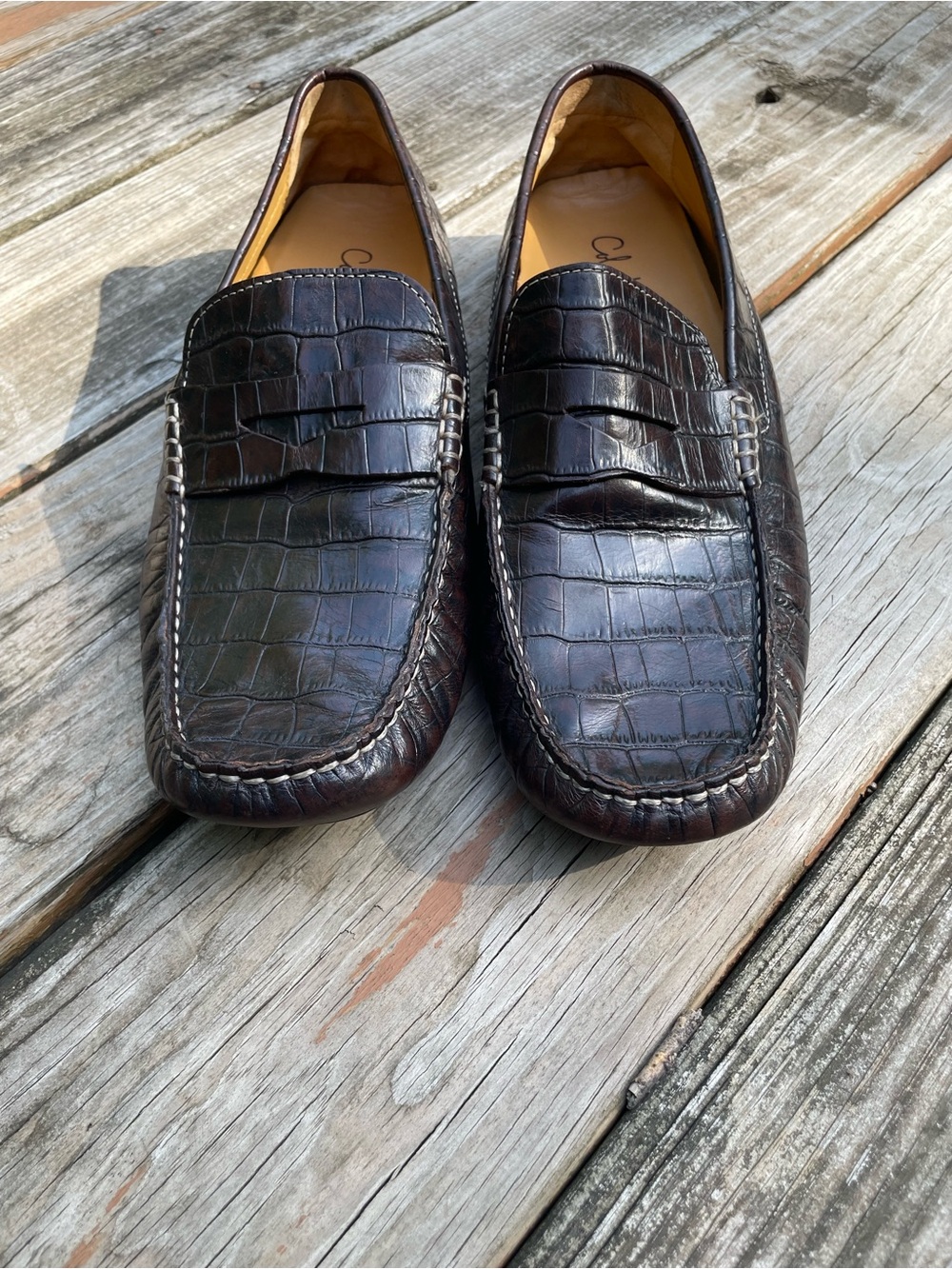 Cole Haan Dark Brown Croc-Embossed Leather Penny Loafers